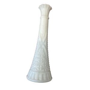 Vintage 1960s Anchor Hocking Milk Glass Bud Vase 9in Stars and Bars Pattern Home